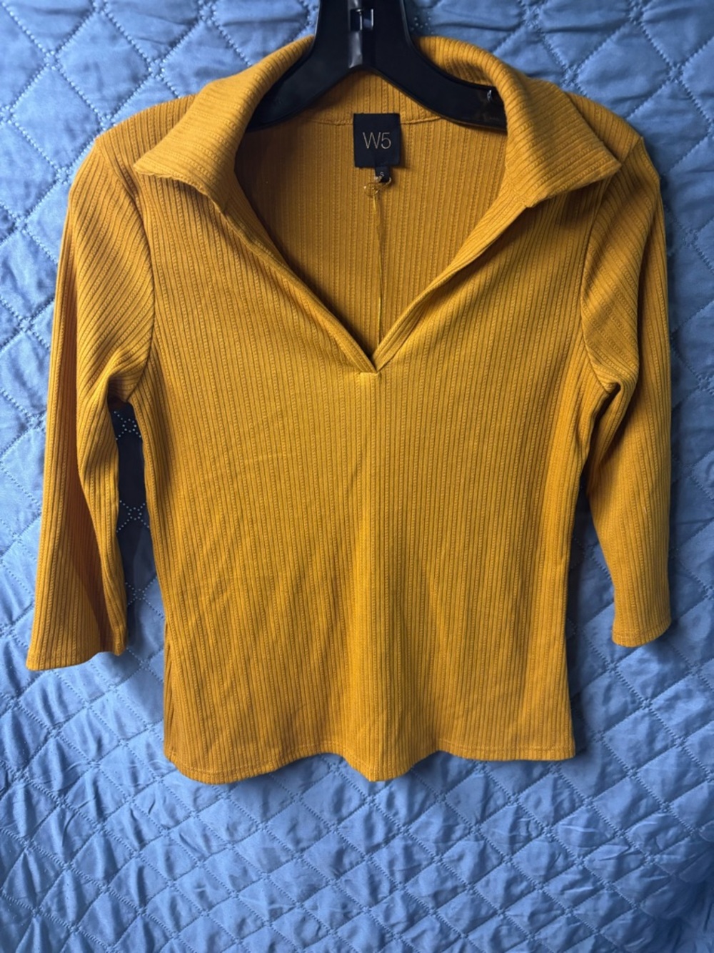W5 Ribbed V-Neck Long Sleeve Top in Mustard Yellow